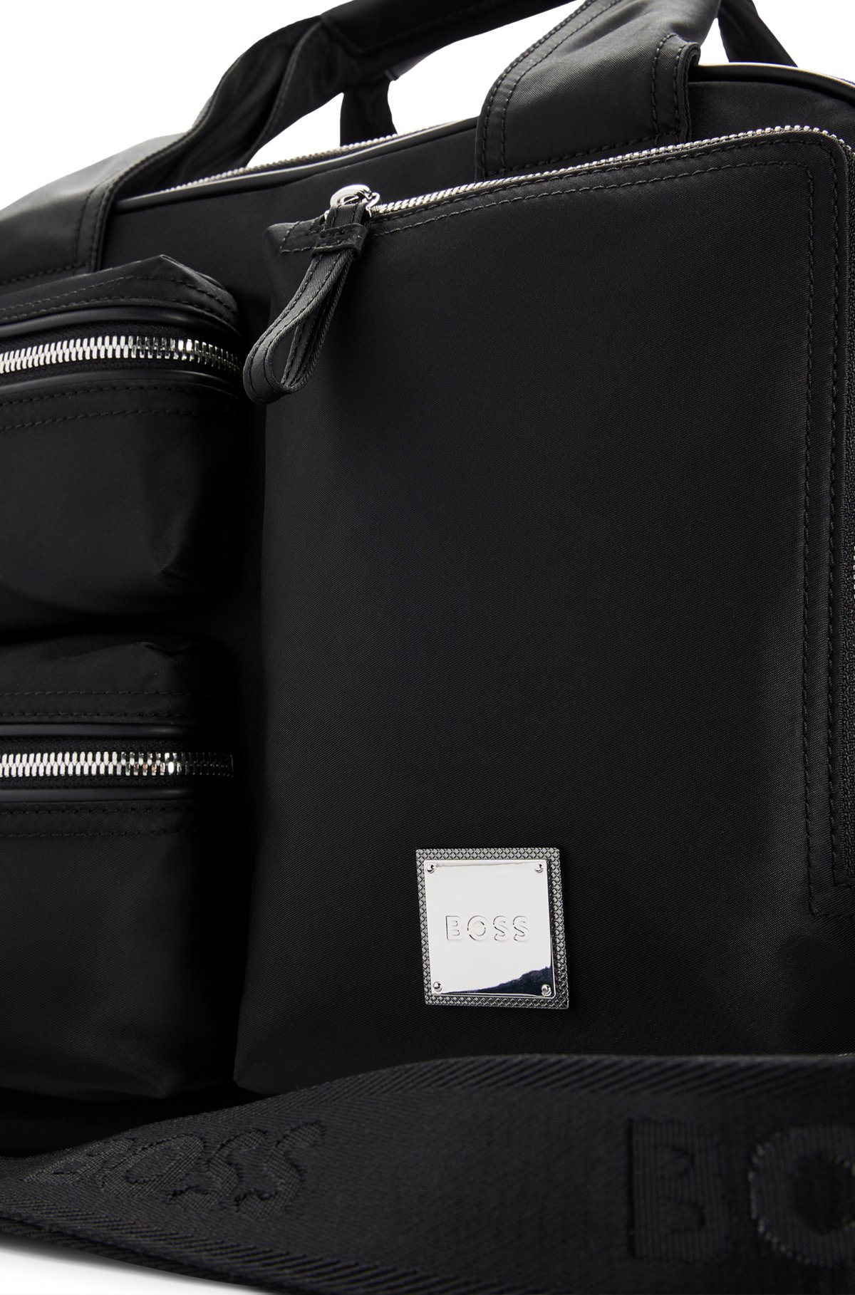 Multi-pocket holdall with polished logo plate , Black