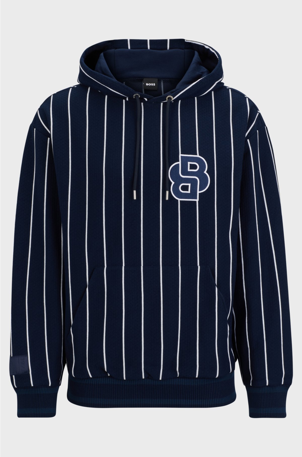 Mercerised-cotton hoodie with stripes and double monogram, Dark Blue