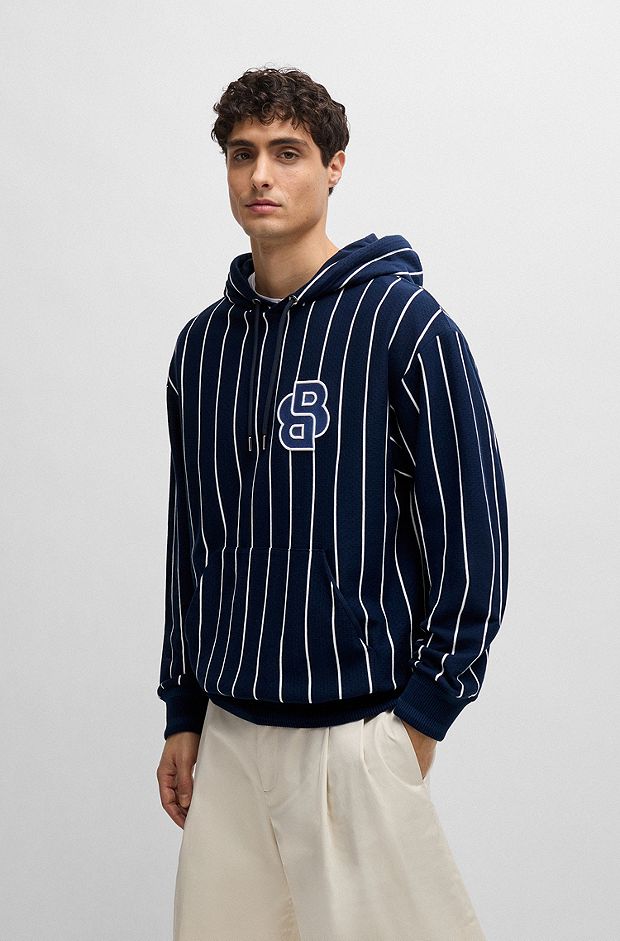 Mercerised-cotton hoodie with stripes and double monogram, Dark Blue
