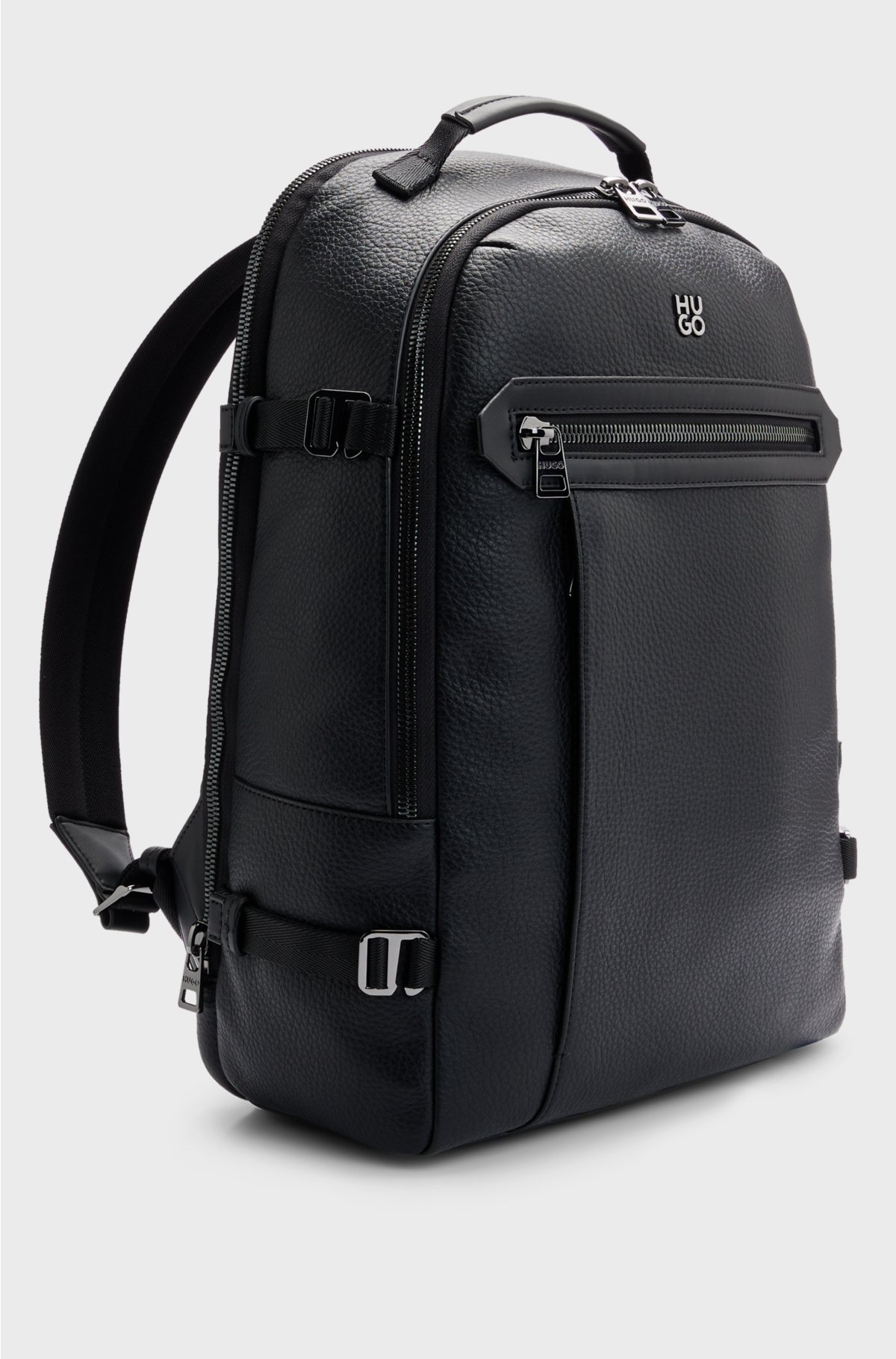Faux-leather backpack with stacked logo and polished hardware, Black