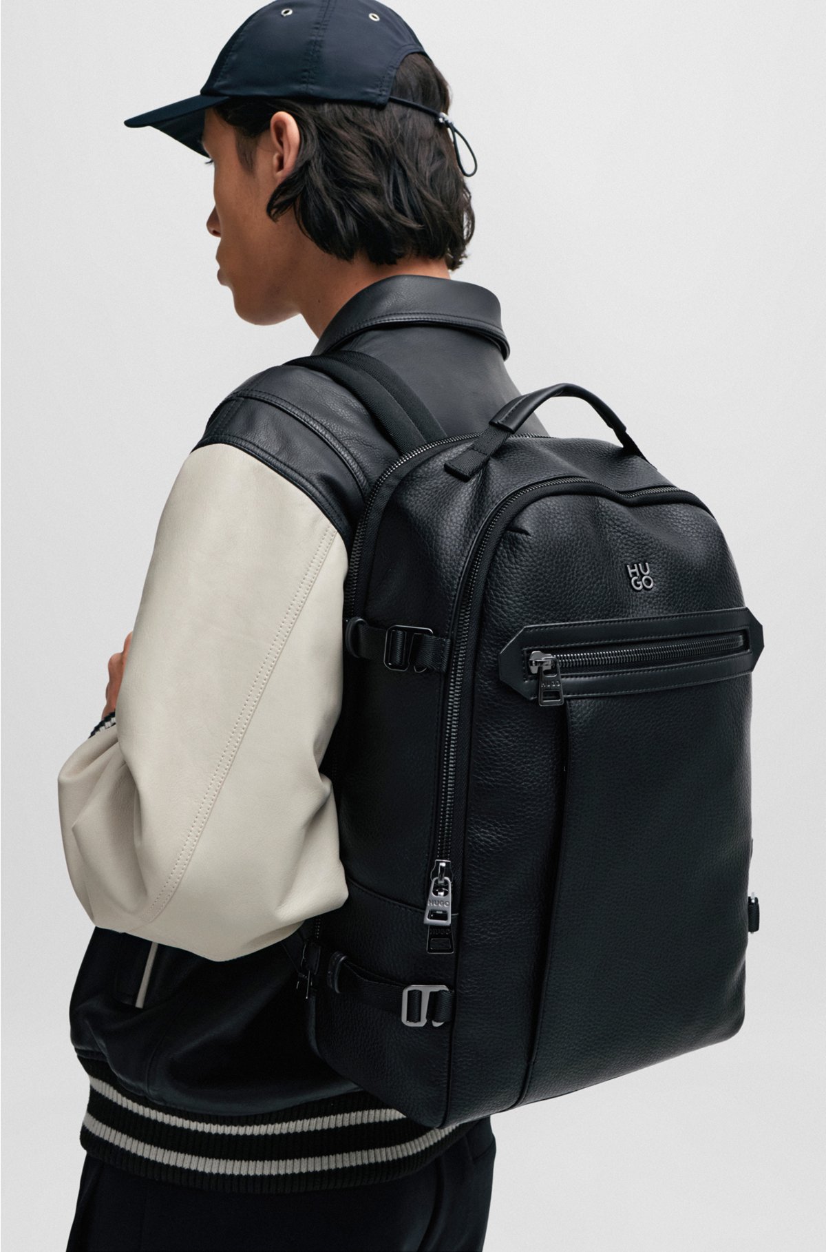 Faux-leather backpack with stacked logo and polished hardware, Black