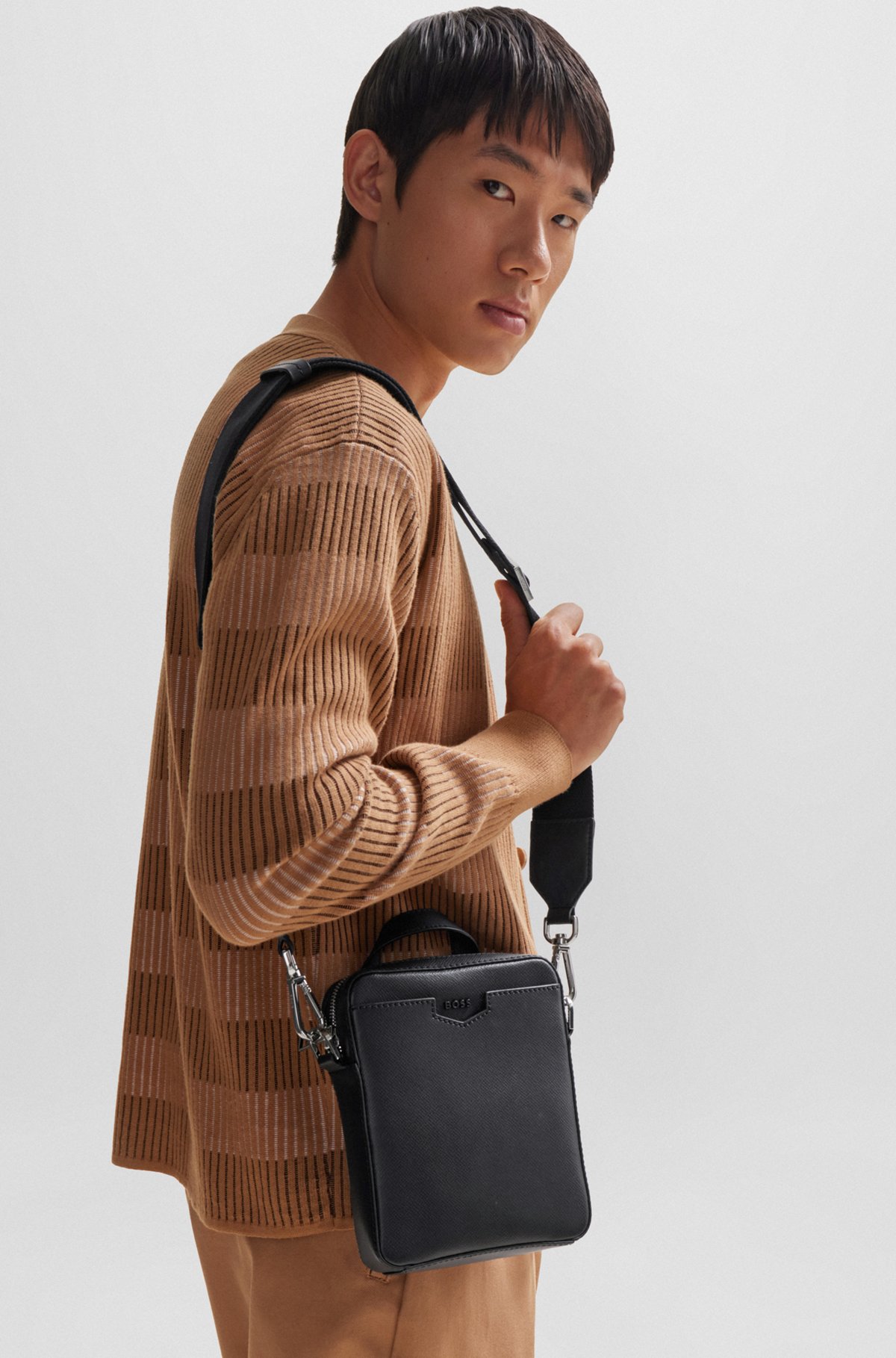 BOSS - Structured leather crossbody bag with logo lettering