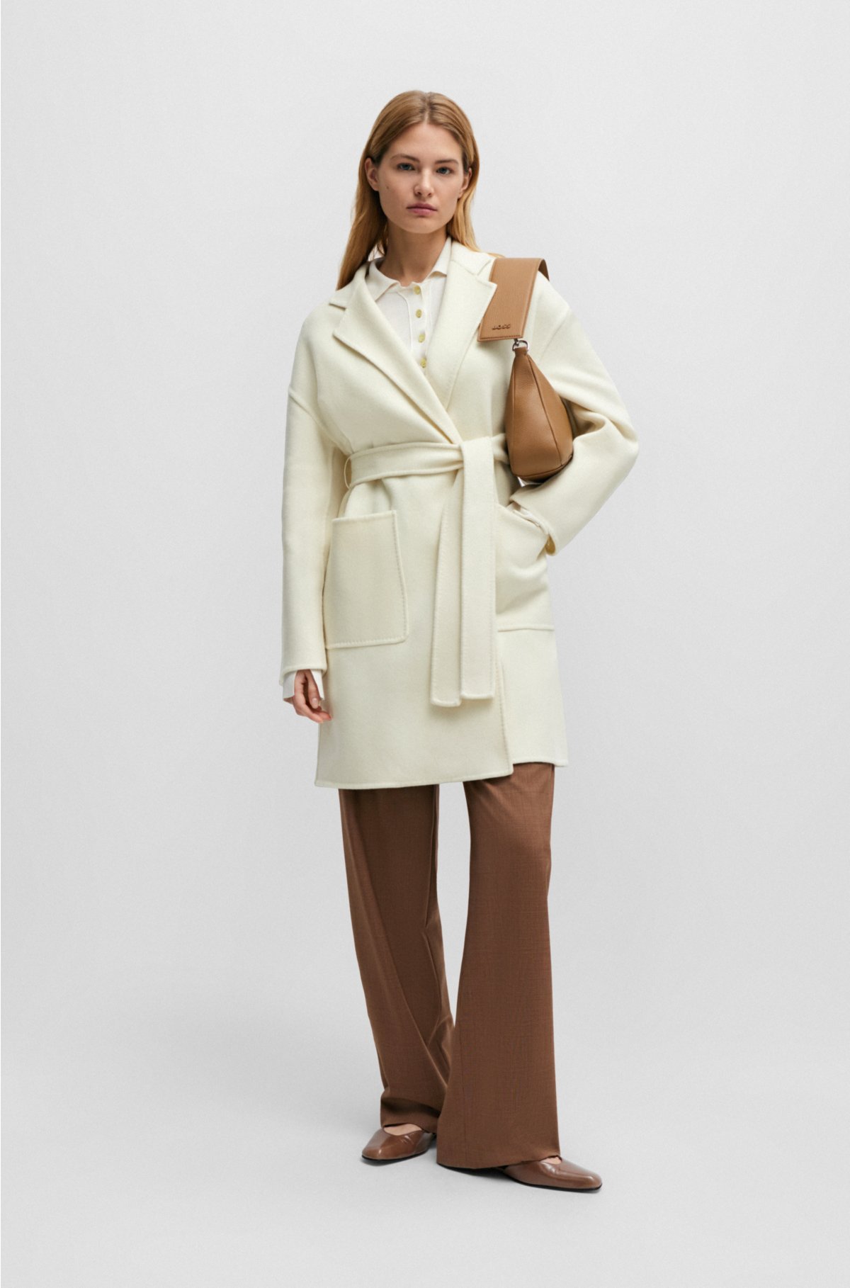 Belted coat in virgin wool and cashmere, White
