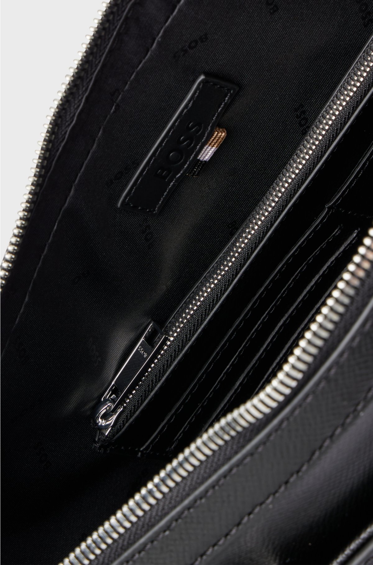 Zipped document case in leather with detachable inner pouch, Black