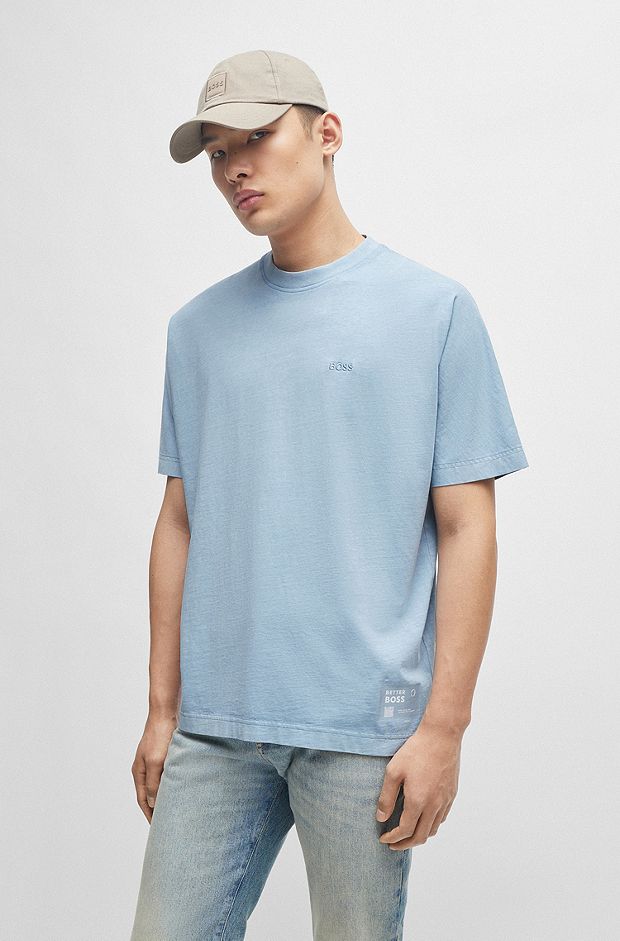 Relaxed-fit T-shirt in pure cotton with embroidered logo, Light Blue