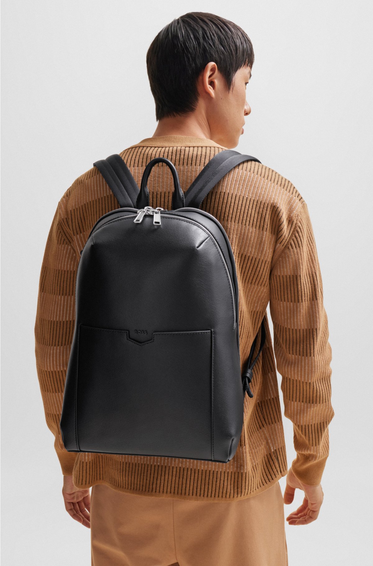 Leather backpack with detachable inner pouch, Black
