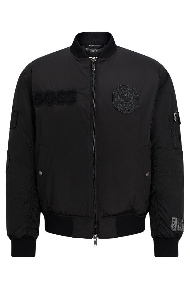 BOSS x NFL padded bomber jacket with special patches, Black
