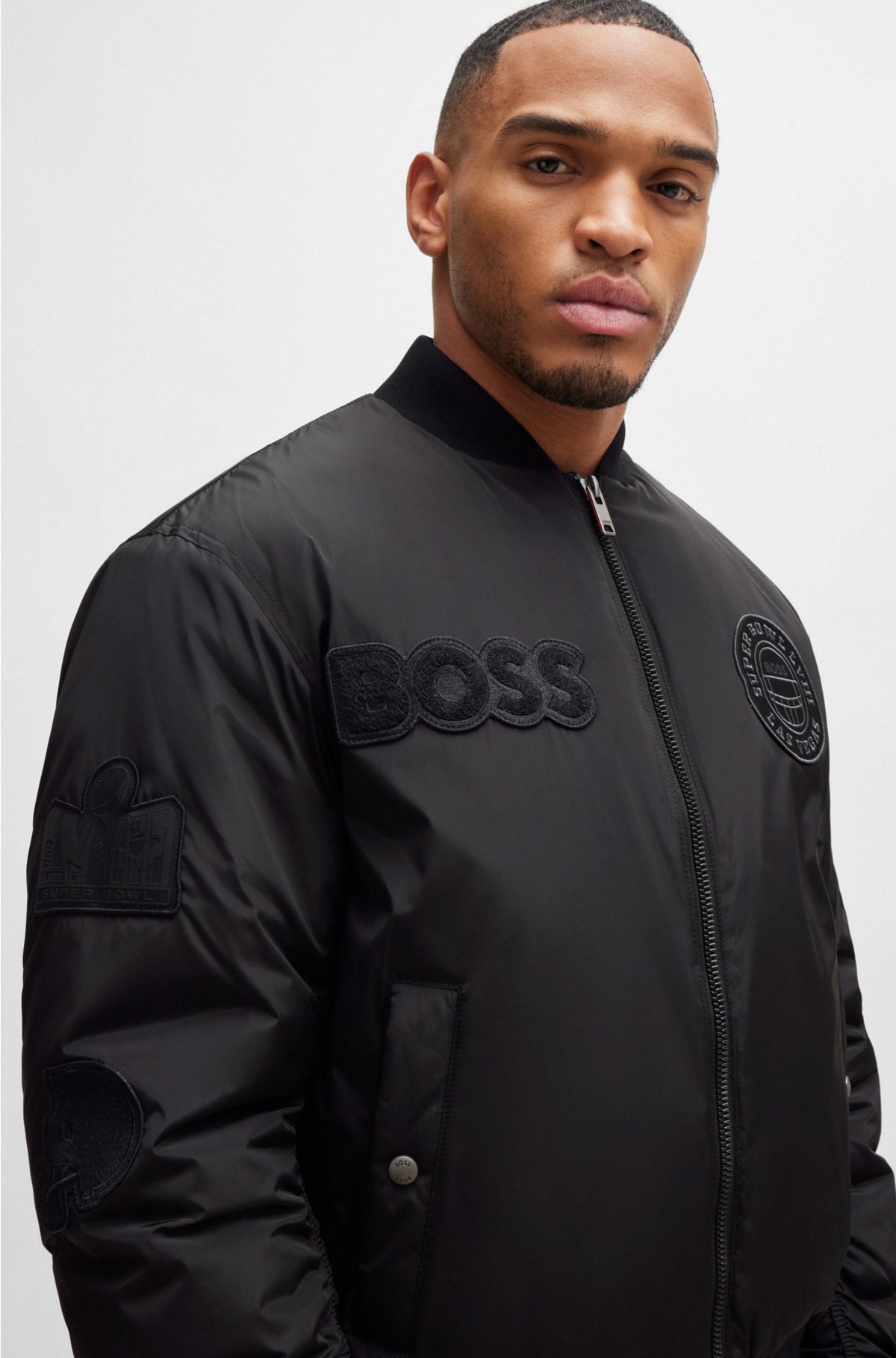 BOSS x NFL padded bomber jacket with special patches, Black