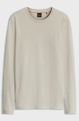 Maglia a maniche lunghe in cotone con patch con logo, Beige chiaro