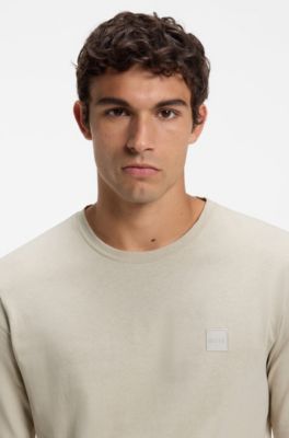 Long-sleeved T-shirt in cotton with logo patch, Light Beige
