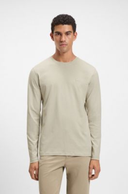 Long-sleeved T-shirt in cotton with logo patch, Light Beige