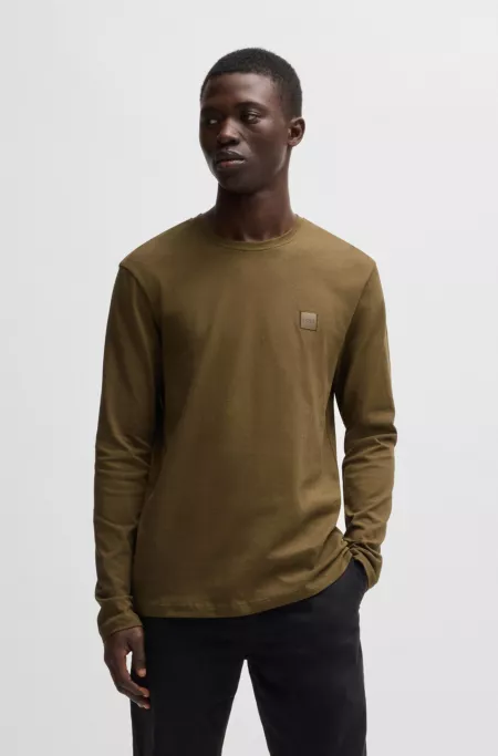 Long-sleeved T-shirt in cotton with woven logo patch