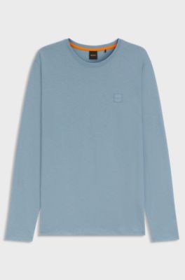 T-shirt med lange &aelig;rmer i bomuld med logopatch, Lysebl&aring;
