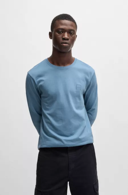 Long-sleeved T-shirt in cotton with woven logo patch