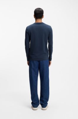 T-shirt met lange mouwen en logopatch, van katoen, Donkerblauw