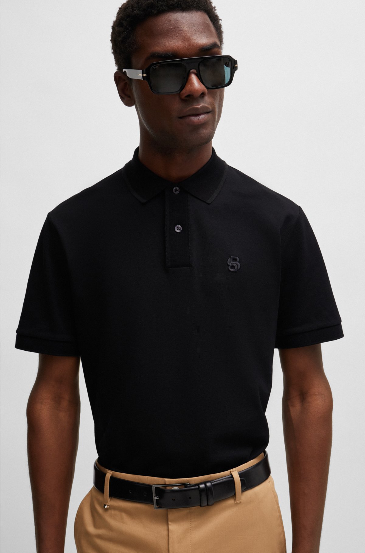 Mercerised-cotton polo shirt with embroidered double monogram, Black