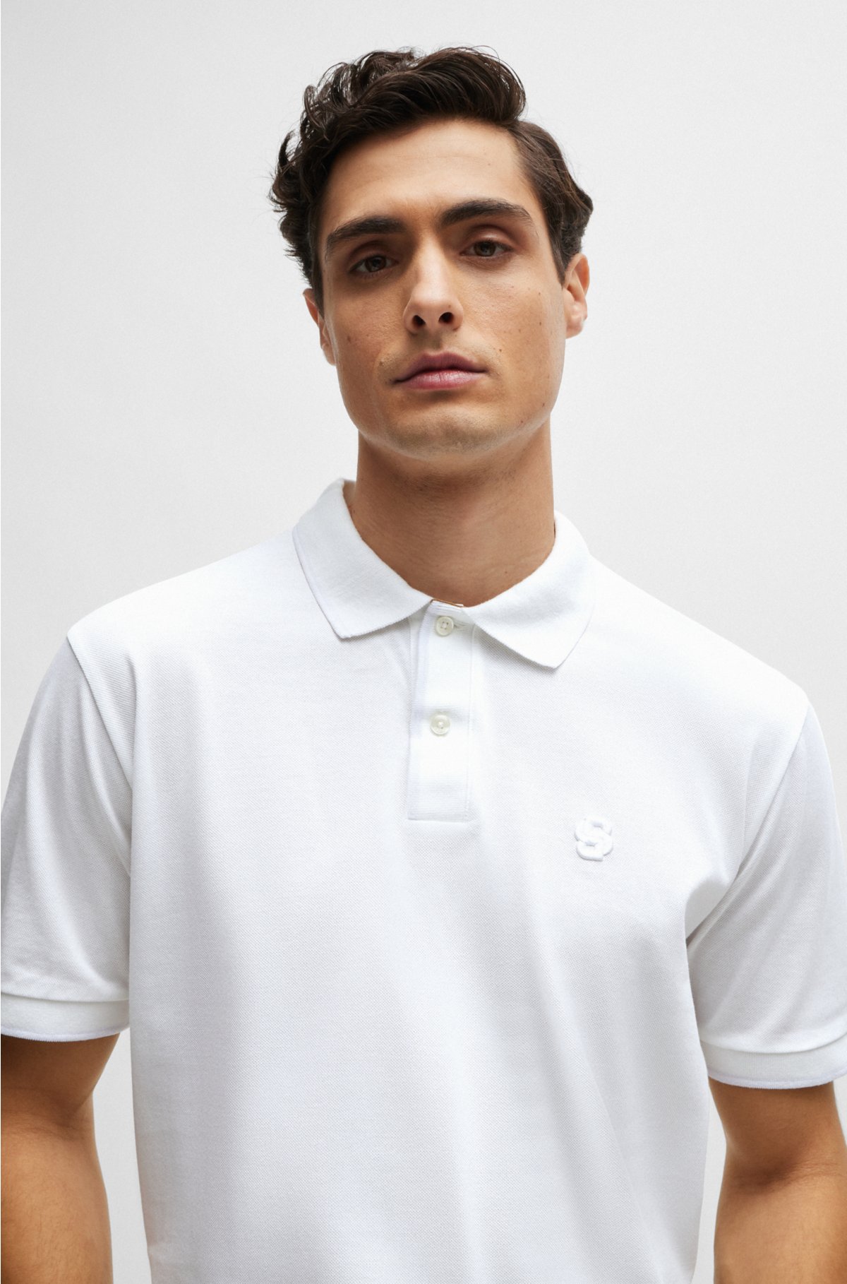 BOSS - Mercerised-cotton polo shirt with embroidered double monogram