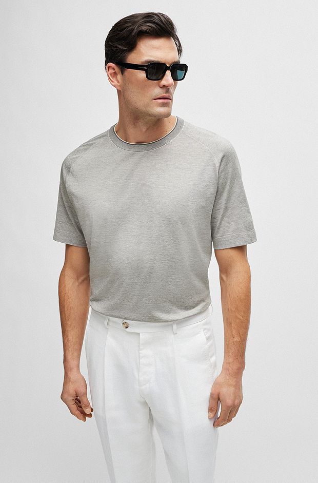 T-shirt regular fit in cotone e seta, Grigio chiaro