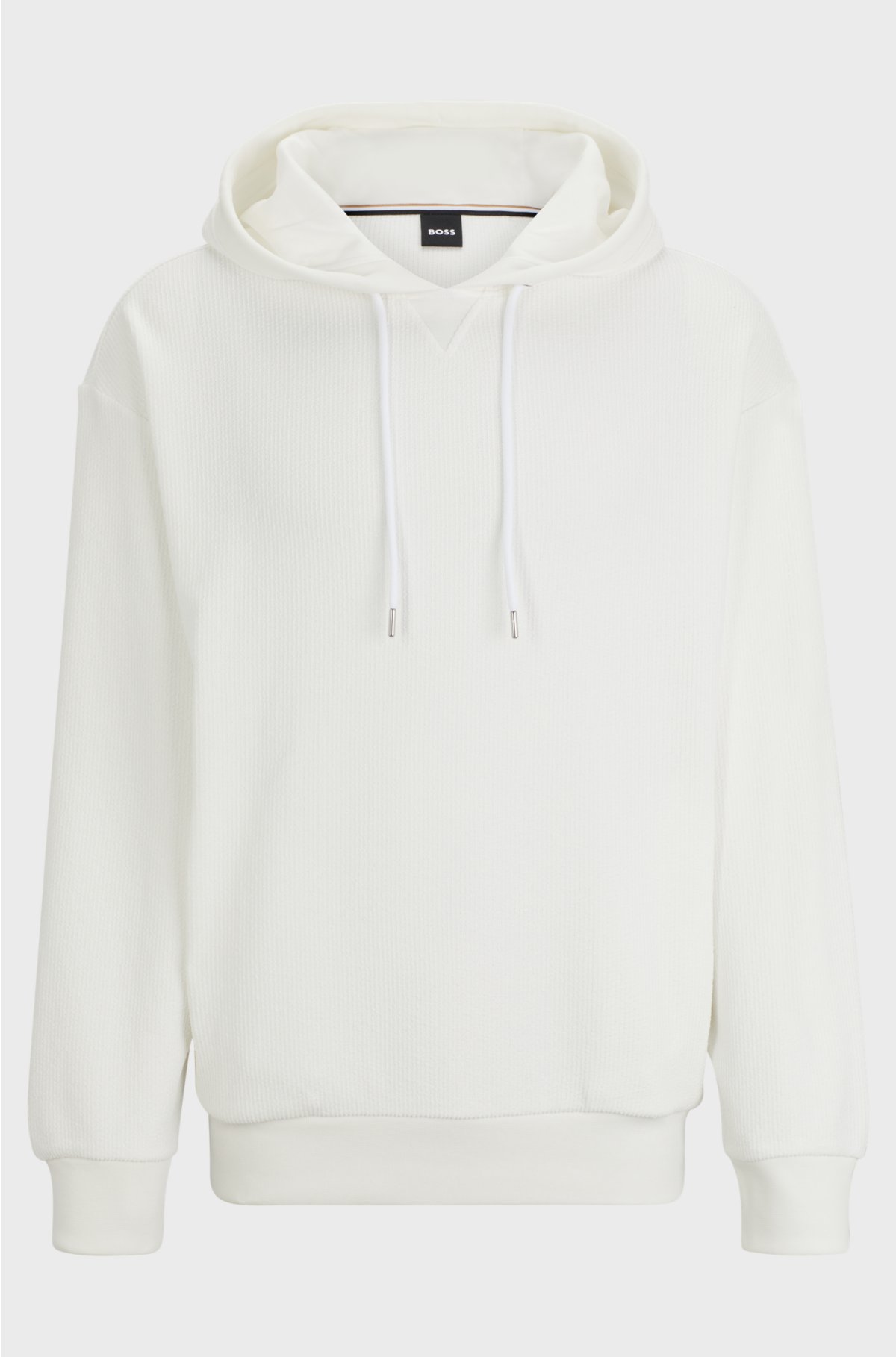 Regular-fit hoodie in cotton bouclé with ribbed cuffs, White