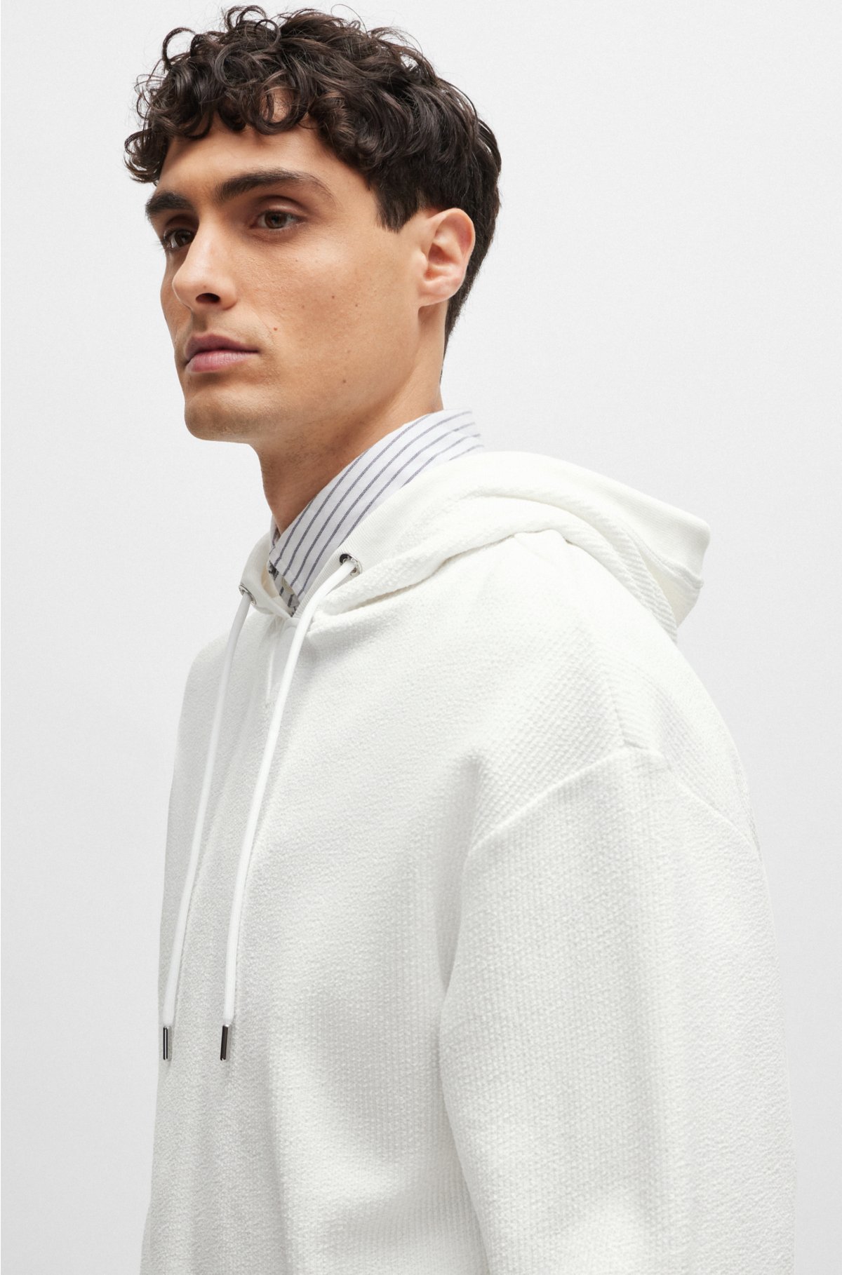 Regular-fit hoodie in cotton bouclé with ribbed cuffs, White