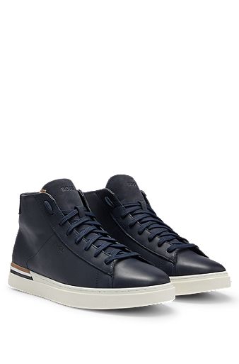 Leather high-top trainers with signature-stripe sole, Dark Blue