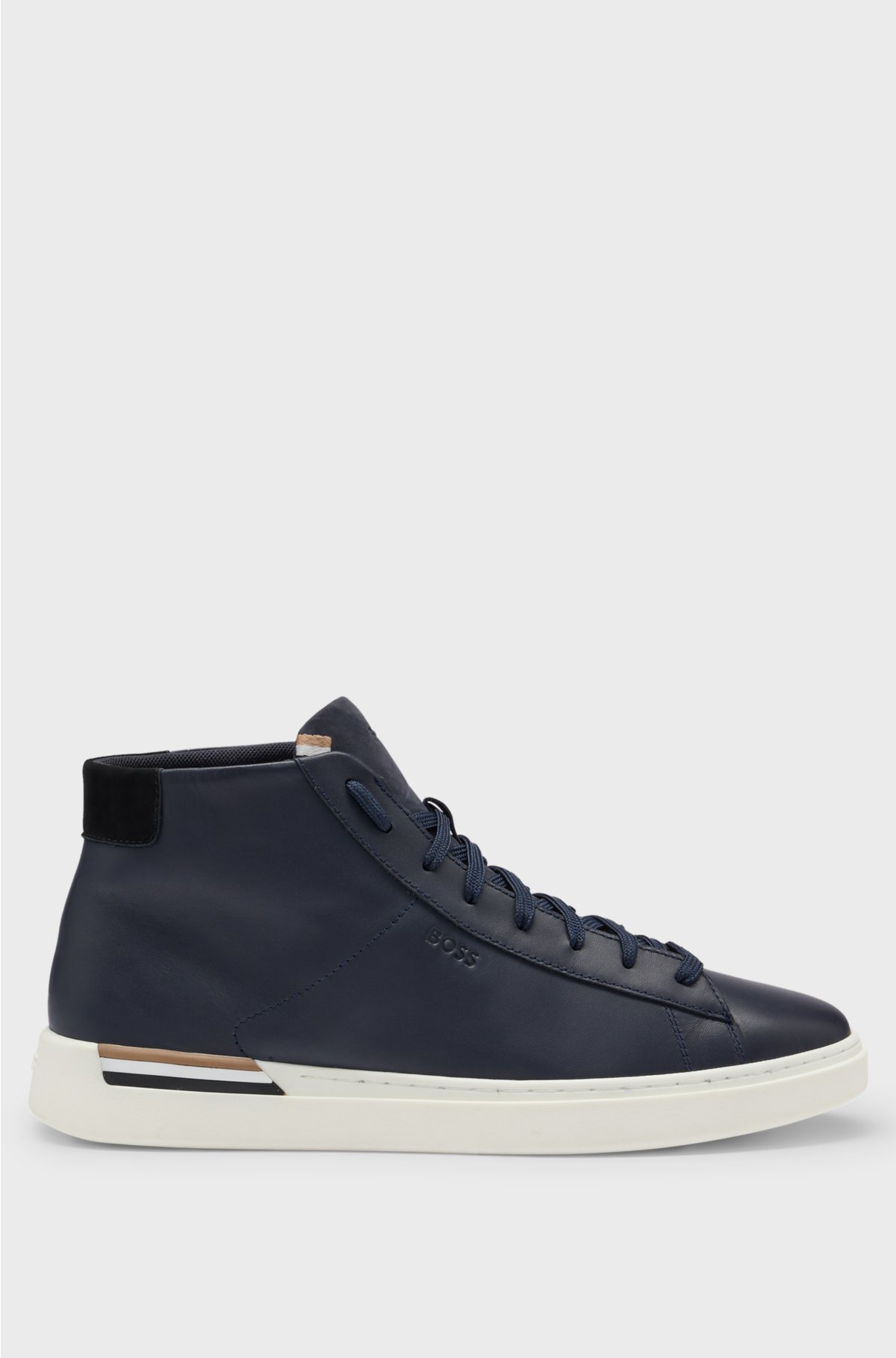Leather high-top trainers with signature-stripe sole, Dark Blue