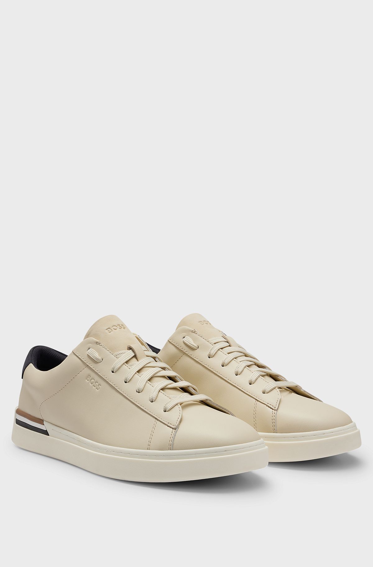 Cupsole lace-up trainers in leather and nubuck, Beige