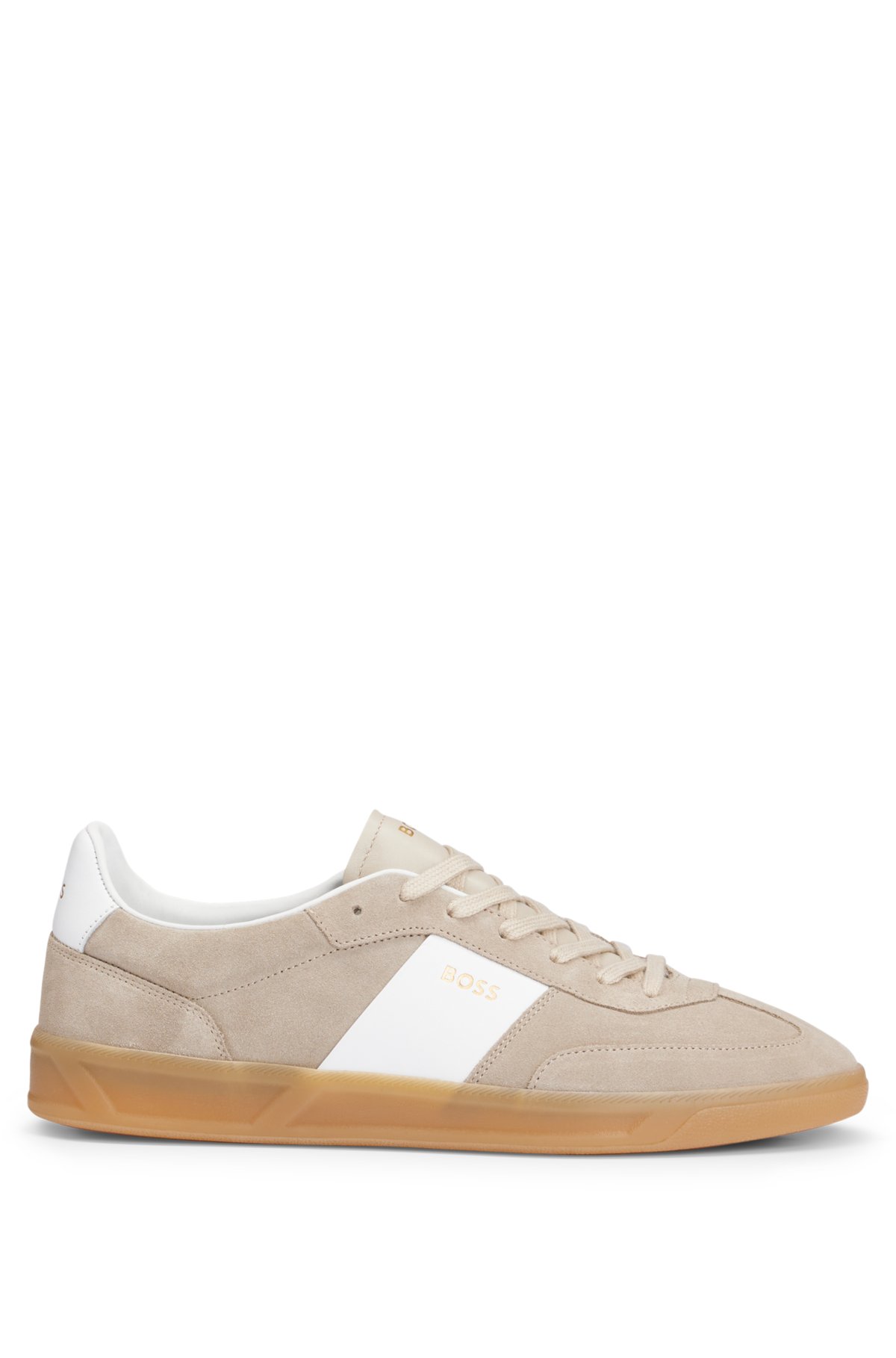 Suede-leather lace-up trainers with branding, Beige