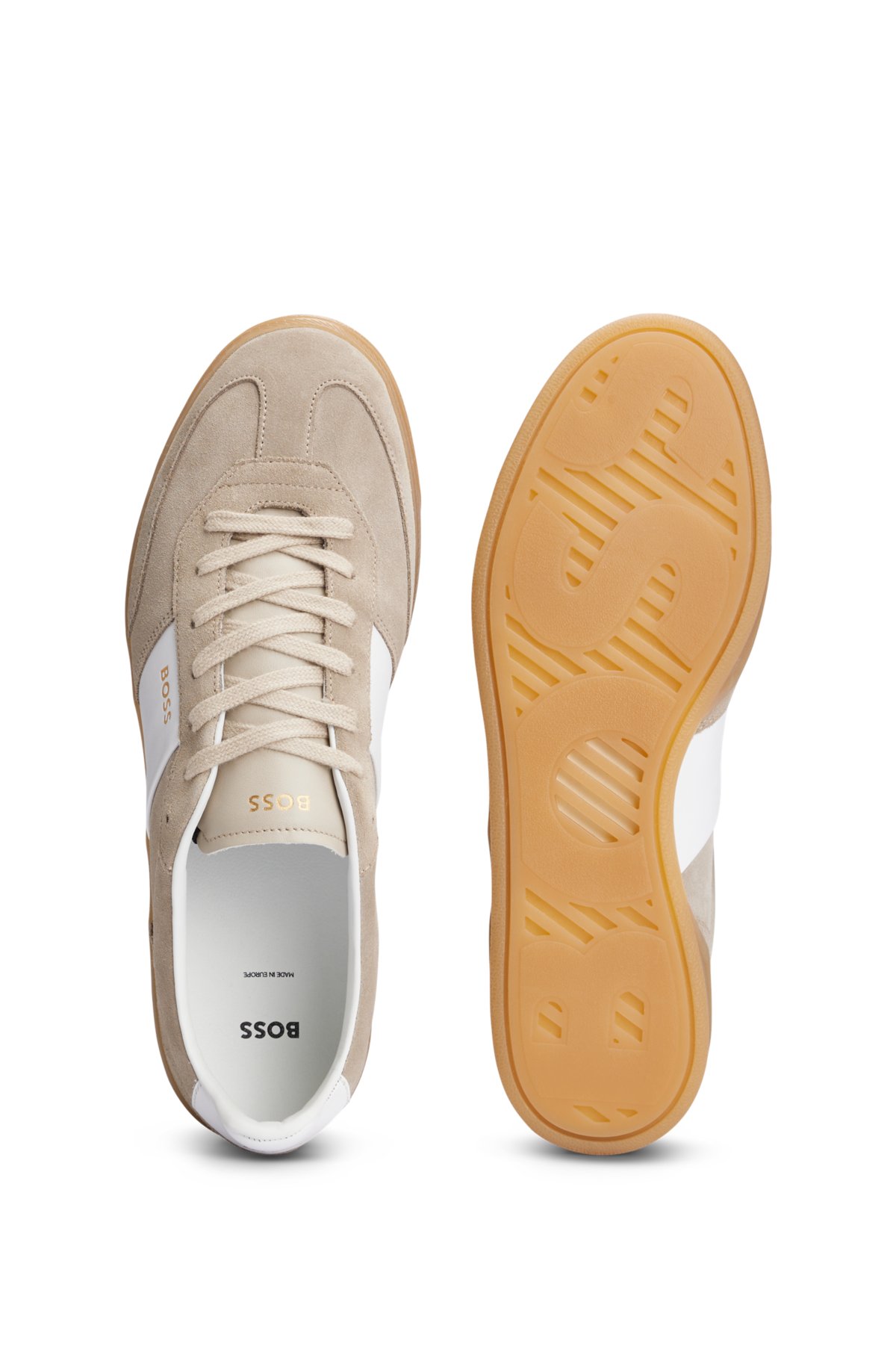 Suede-leather lace-up trainers with branding, Beige