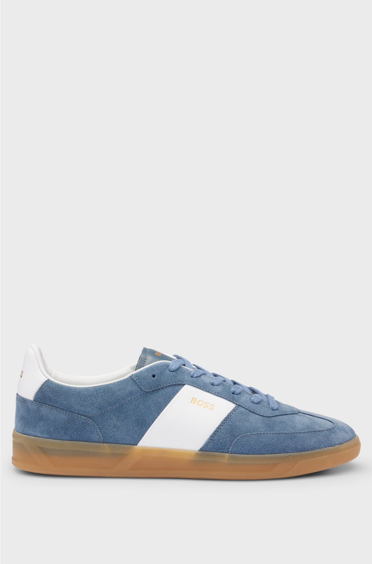 Suede-leather lace-up trainers with branding, Blue