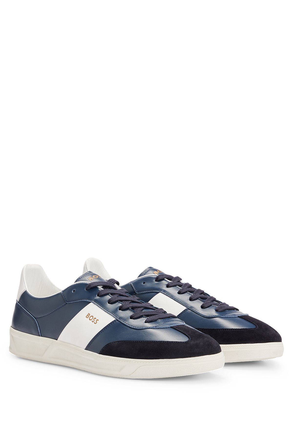 Leather and suede trainers with embossed logos, Dark Blue