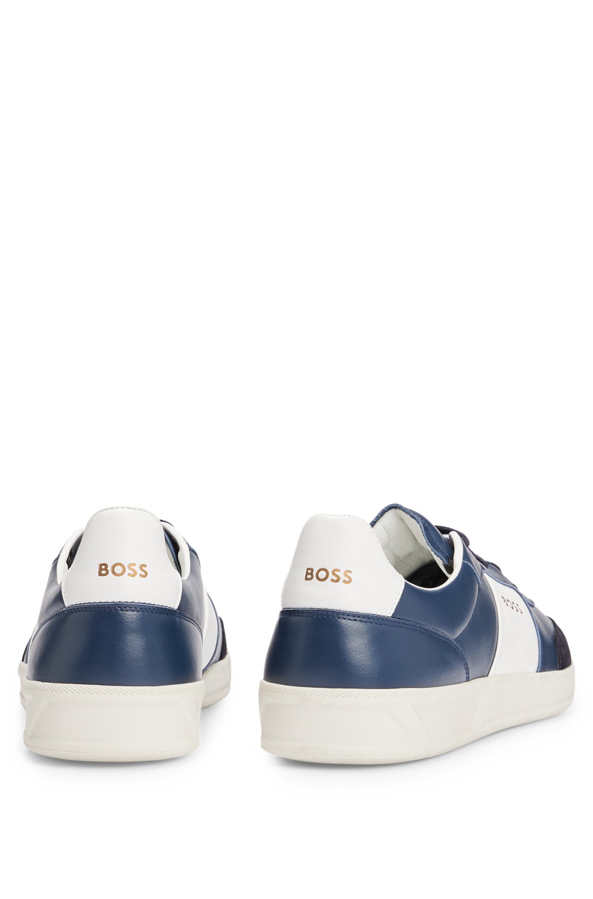 Leather and suede trainers with embossed logos, Dark Blue