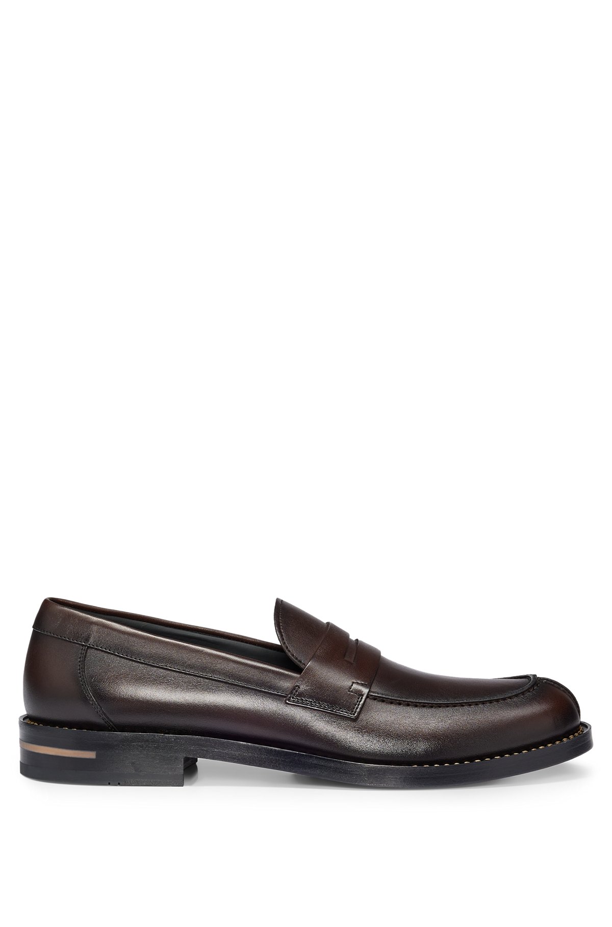 Leather slip-on loafers with penny trim, Dark Brown