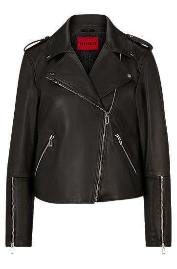 Regular-fit biker jacket in leather with asymmetrical zip, Hugo boss