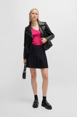 Regular-fit biker jacket in leather with asymmetrical zip, Black
