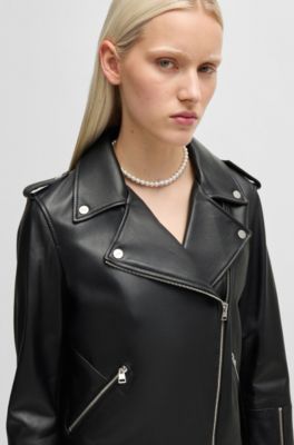 Regular-fit biker jacket in leather with asymmetrical zip, Black