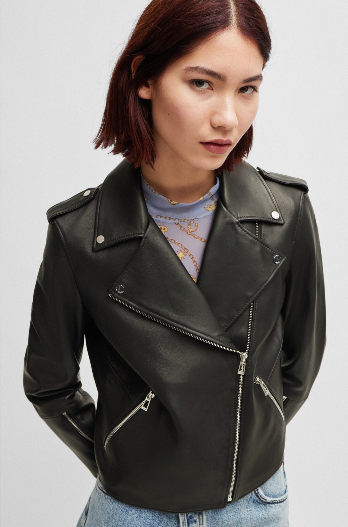 Regular-fit biker jacket in leather with asymmetrical zip, Black
