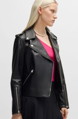 Regular-fit biker jacket in leather with asymmetrical zip, Black