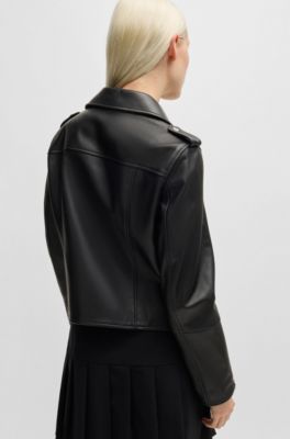 Regular-fit biker jacket in leather with asymmetrical zip, Black