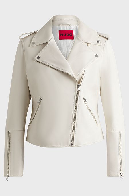 Regular-fit biker jacket in leather with asymmetrical zip, Natural