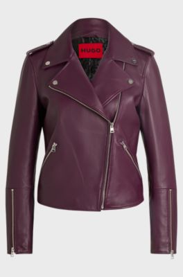 Blouson de motard Regular Fit en cuir avec fermeture &eacute;clair asym&eacute;trique, Rouge sombre
