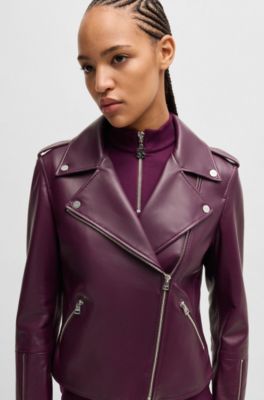 Blouson de motard Regular Fit en cuir avec fermeture &eacute;clair asym&eacute;trique, Rouge sombre