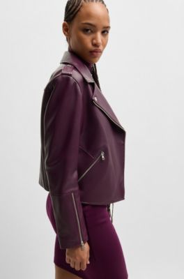 Regular-fit biker jacket in leather with asymmetrical zip, Dark Red