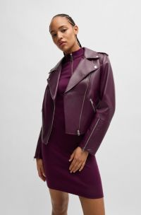 Giubbotto biker regular fit in pelle con zip asimmetrica, Rosso scuro