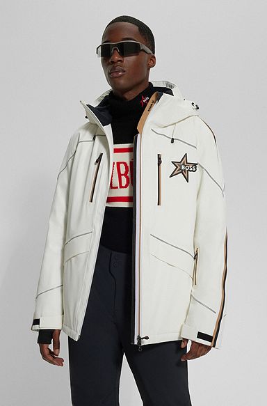 BOSS x Perfect Moment 스페셜 브랜드 로고 후드 다운 스키 재킷, 화이트