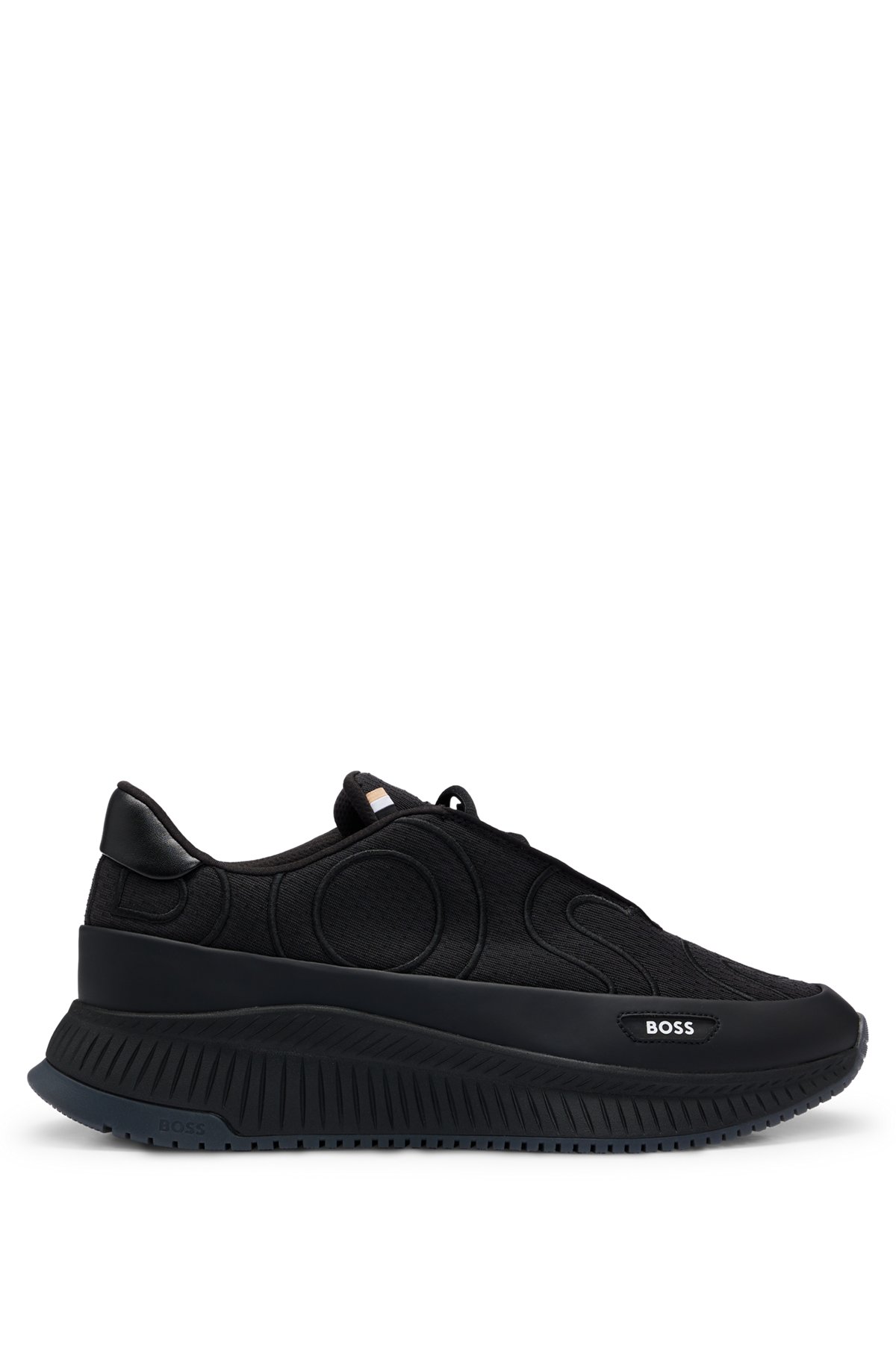 Embroidered-logo trainers with rubberised faux leather, Black