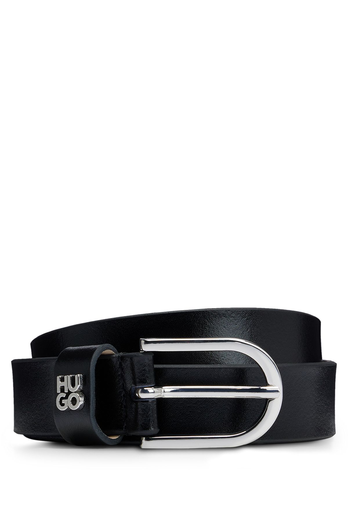 Cinturón de piel italiana con adorno metálico con logo apilado, Negro