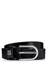 Cinturón de piel italiana con adorno metálico con logo apilado, Negro