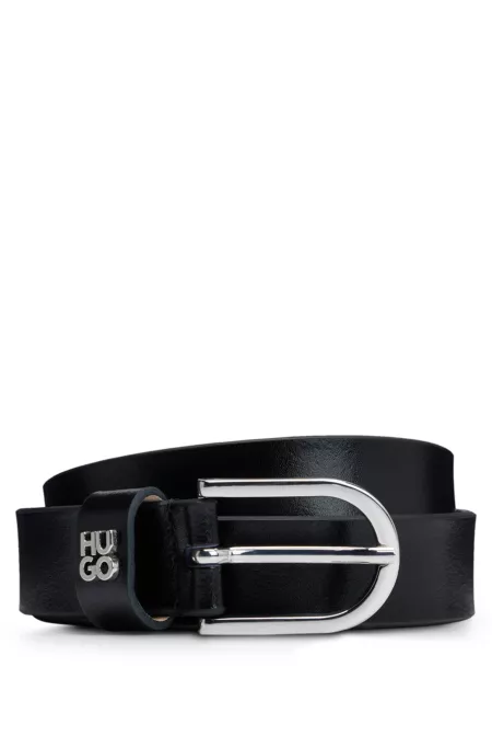 Italian-leather belt with stacked-logo hardware trim