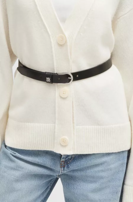 Italian-leather belt with stacked-logo hardware trim